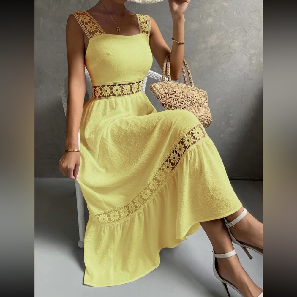 Boho Yellow Lace Insert Ruffle Hem Maxi Dress - image 1